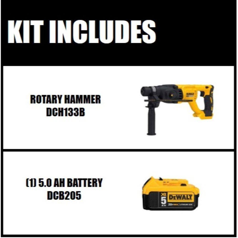 DEWALT DCH133BW205 20V MAX Cordless Brushless 1 in. SDS Plus D-Handle Concrete and Masonry Rotary Hammer and (1) 20V XR 5.0Ah Battery