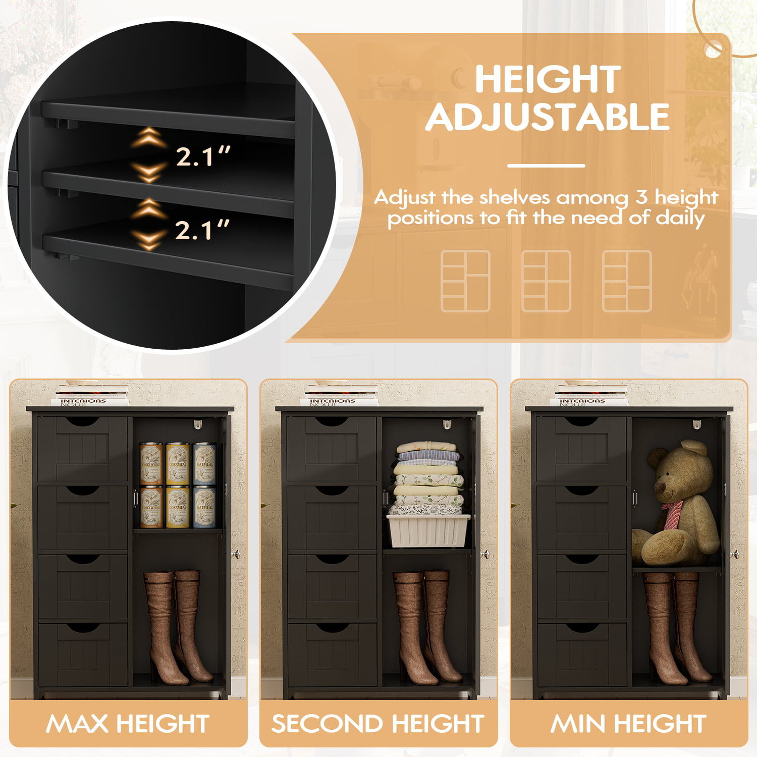 Homall Wooden Bathroom Cabinet. Freestanding Storage Cabinet with 4 Drawers and 1 Cupboard. Side Storage Organizer Cabinet for Bathroom. Entryway. Home and Kitchen (Black)