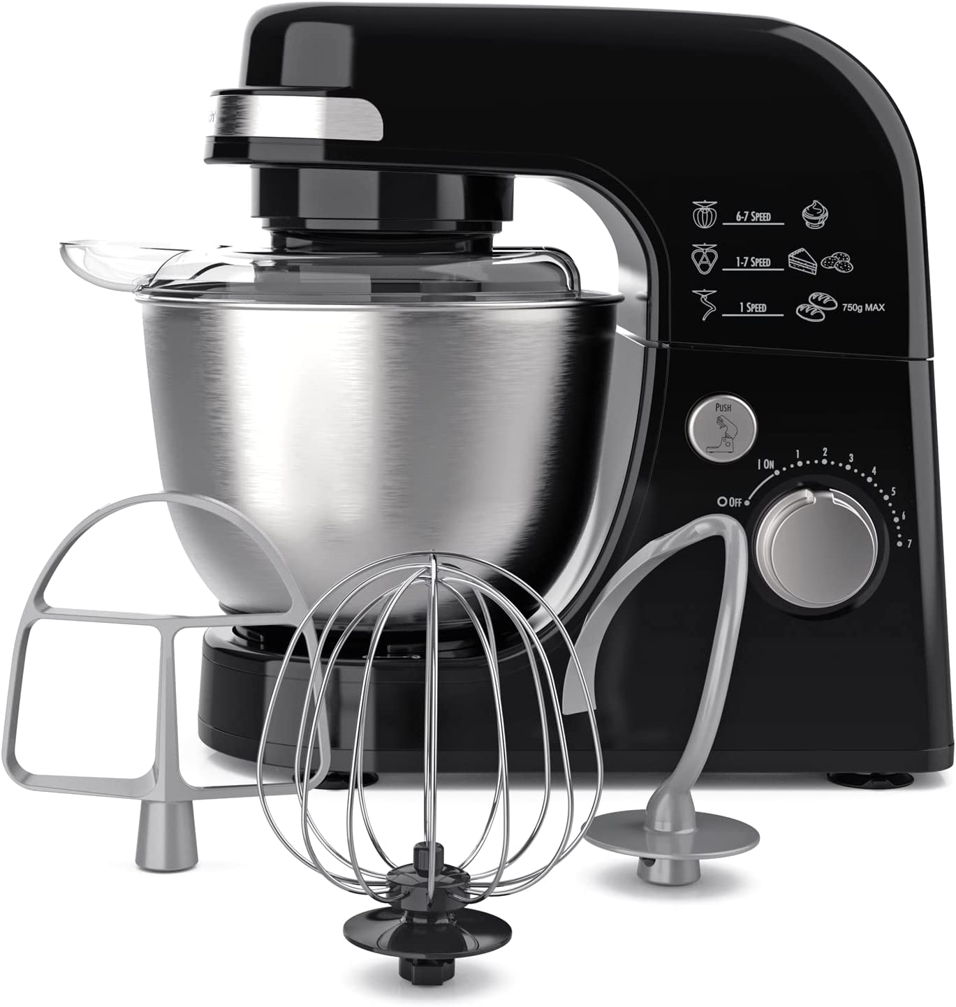 Hamilton Beach Electric Stand Mixer. 4 Quarts. Dough Hook. Flat Beater Attachments. Splash Guard 7 Speeds with Whisk. Black