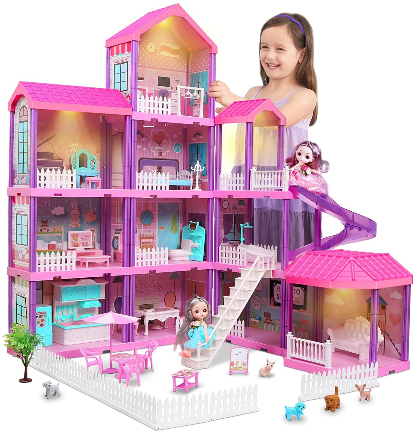 Beefunni 36 inch Dollhouse. with Slide. Dolls and 11 Rooms. Creative Dollhouse Toys for Girls. Gift for 3 to 8 Year Old. Assembly Required