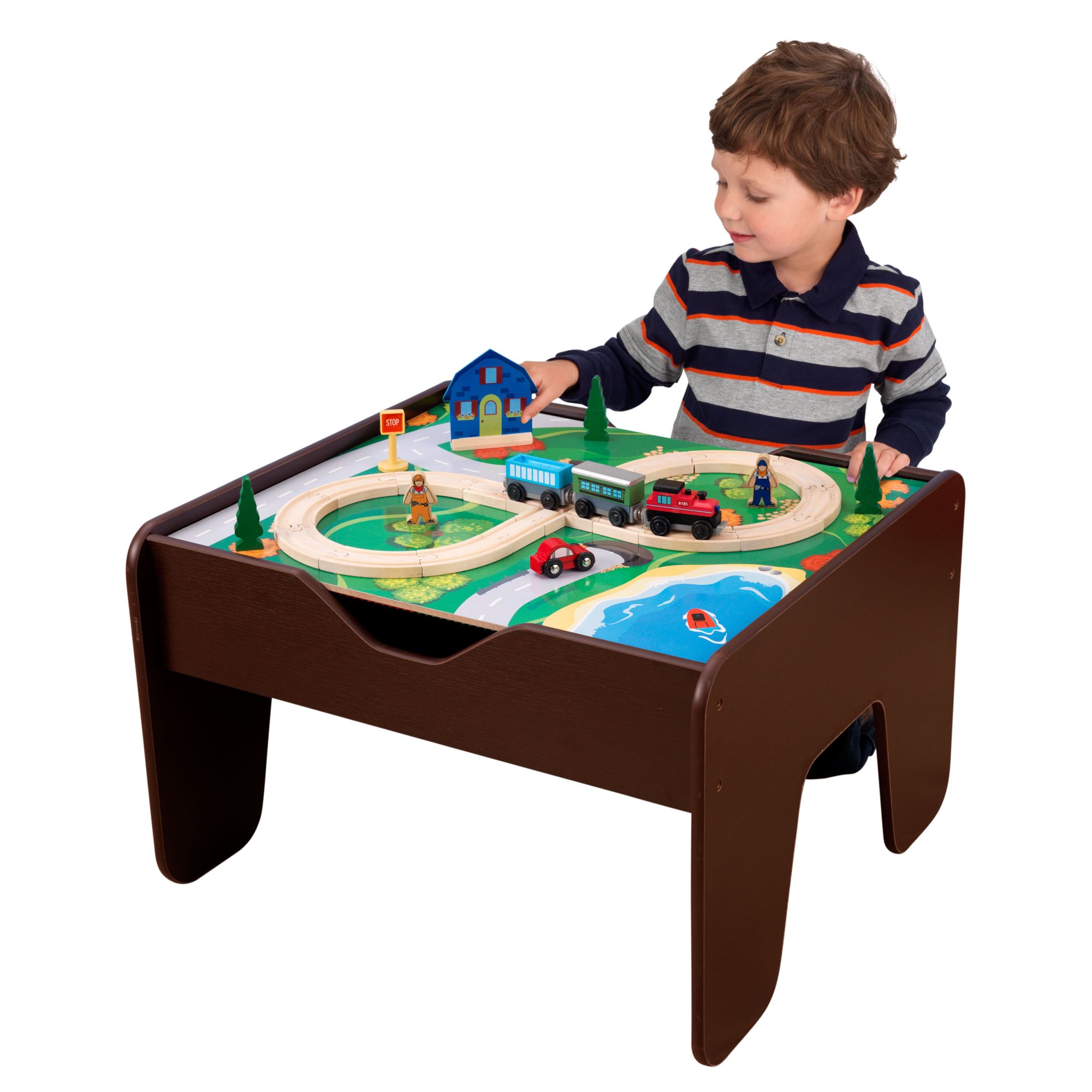 KidKraft Reversible Wooden Activity Table with Board and Train Set. Espresso