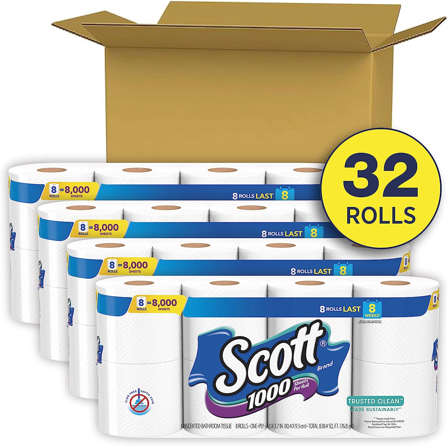 Scott Trusted Clean Toilet Paper. 32 Regular Rolls. Septic-Safe Toilet Tissue. 1-Ply Rolls