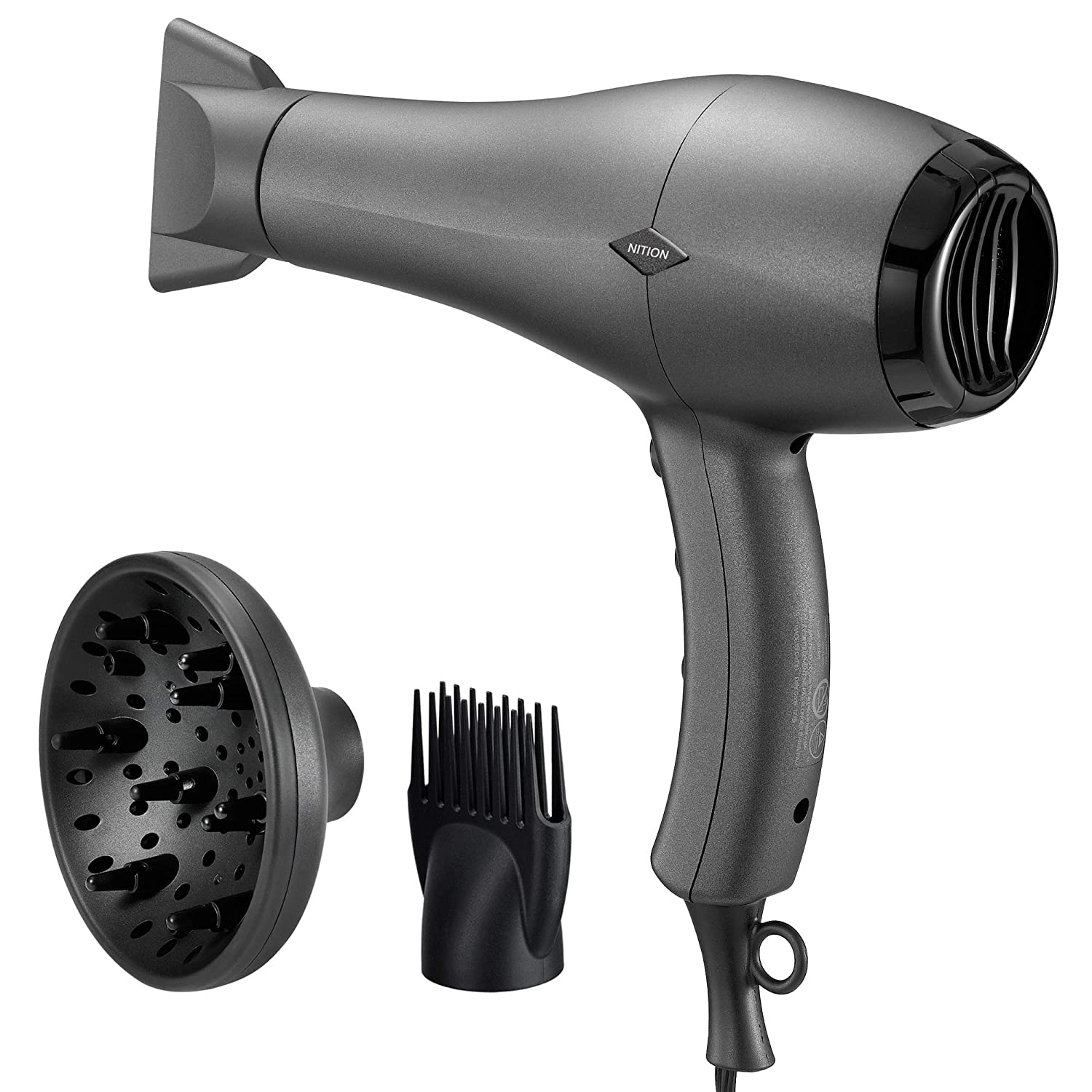 NITION Ceramic Hair Dryer with Diffuser.Comb & Nozzle Attachments.1875 Watt Negative Ions Ionic Blow Dryer for Quick Drying.3 Heat & 2 Speed Settings.Cool Shot Button.Black