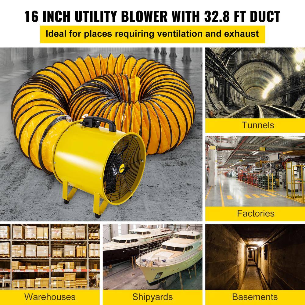 VEVOR GYGFJST16CSSCD10MV1 Pivoting Utility Blower Fan 16 in. 1100 Watt 2160 3178 CFM High Velocity Ventilator with 32.8 ft. Duct Hose for Jobsite