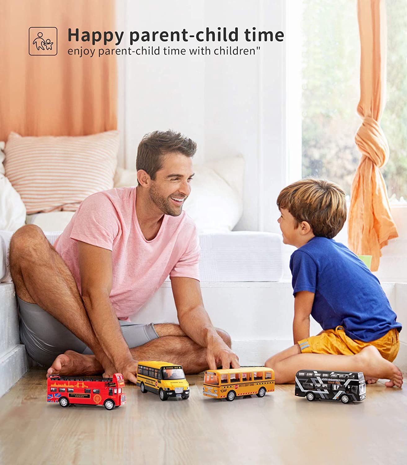 Geyiie Bus Toys for Kids. School Bus. City Bus London. 4 Pack