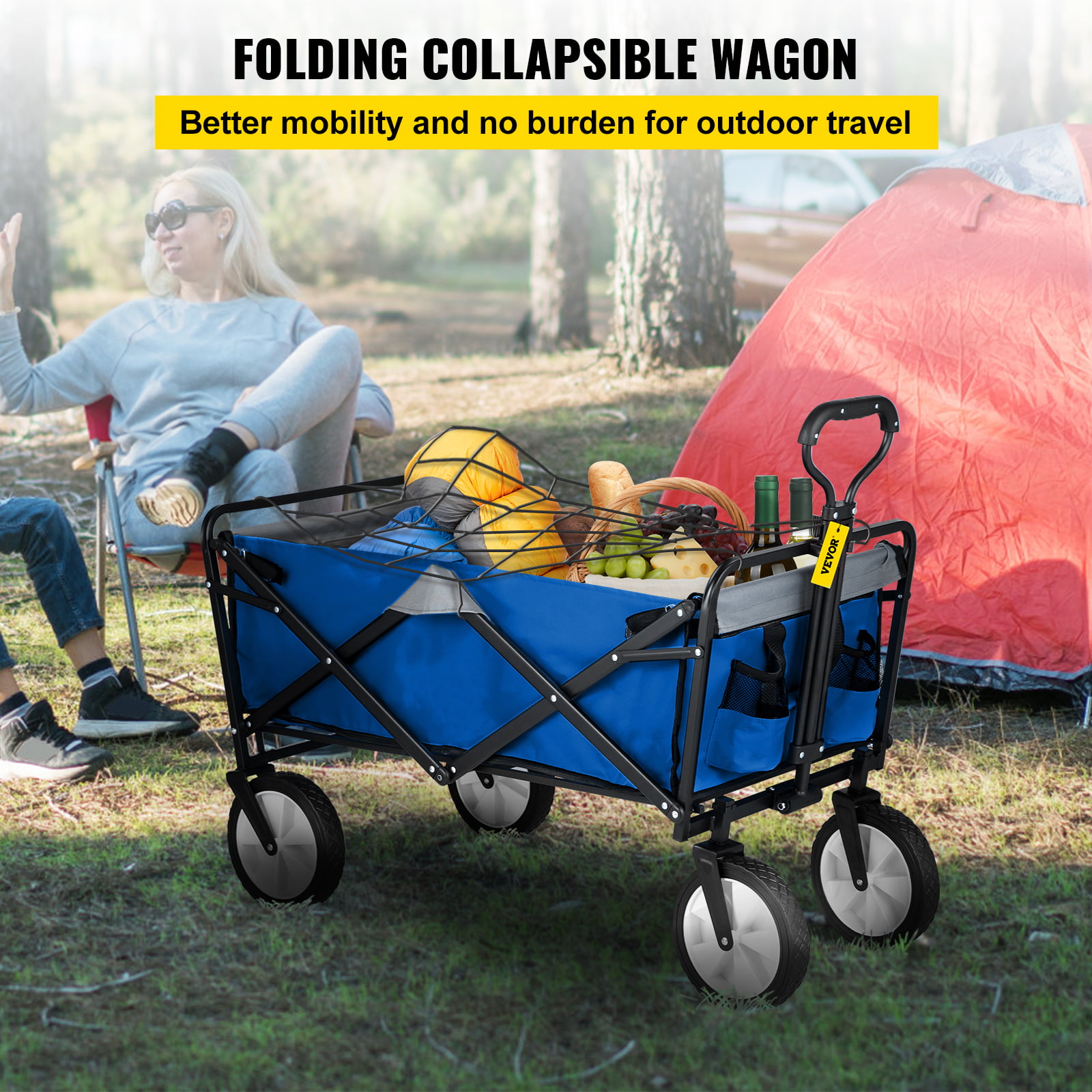 VEVORbrand Collapsible Wagon Cart .Folding Wagon Cart . 176 lbs Load Beach Wagon Oversized Wheels. Portable Folding Wagon Adjustable Handles for Beach. Garden. Sports. Camping.Blue & Gray