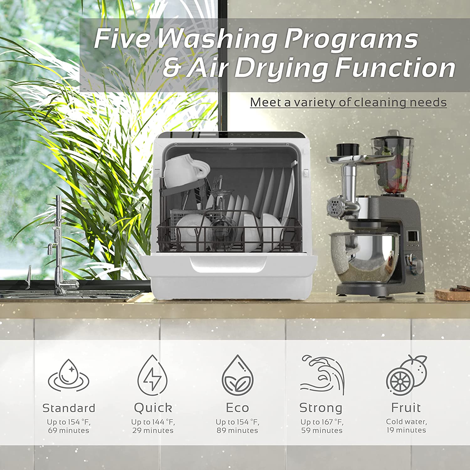 Portable Dishwasher Countertop. 5 Washing Programs Small Dishwasher with 5-Liter Built-in Water Tank. Baby Care. Air-Dry Function & Fruit Wash for Small Apartments. Dorms. RVs -White