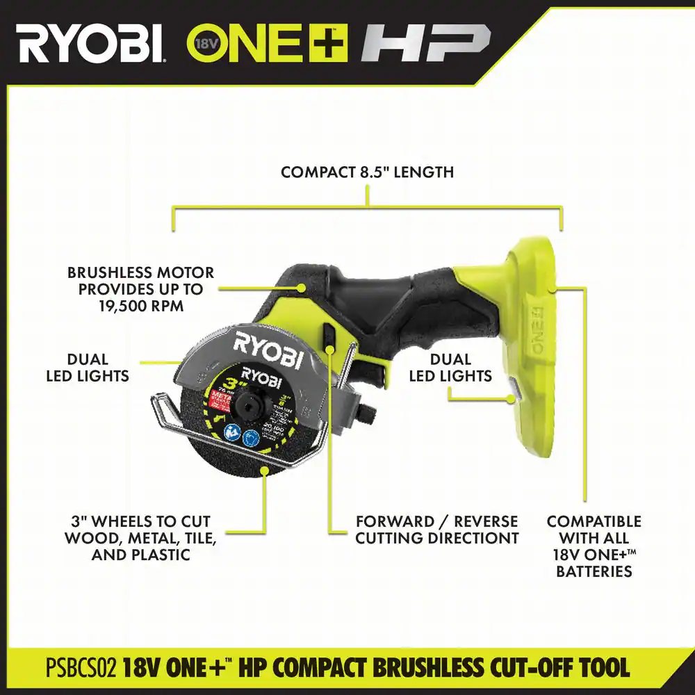 RYOBI PSBCS02K ONE+ HP 18V Brushless Cordless Compact Cut-Off Tool Kit with 1.5 Ah Battery and 18V Charger