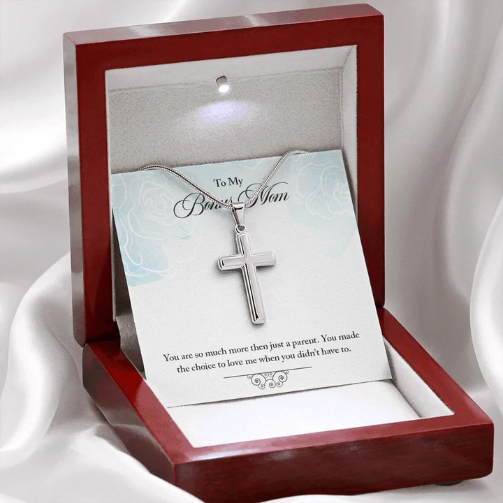 To My Bonus Mom – White Gold Cross Necklace. Mother's Day Gifts
