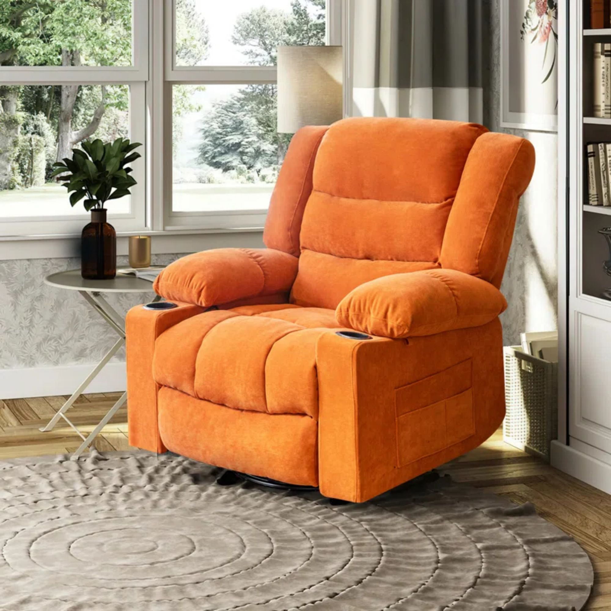 36.6″ Wide Super Soft and Oversize Chenille Manual Swivel Rocker Heating Massage Recliner Chair with Cupholders for Living Room. Bedroom.  Orange