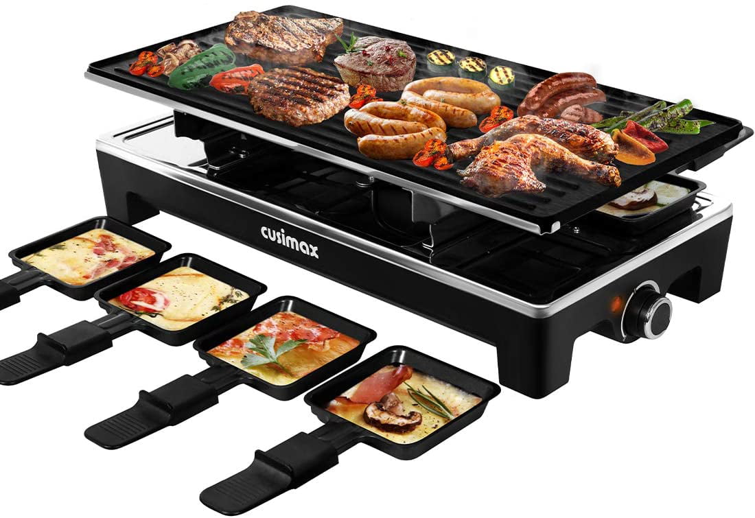 CUSIMAX Raclette Grill Electric Grill Table Portable 2 in 1 Korean BBQ Grill Indoor & Cheese Raclette. Reversible Non-stick plate. Crepe Maker with Adjustable temperature control and 8 Paddles