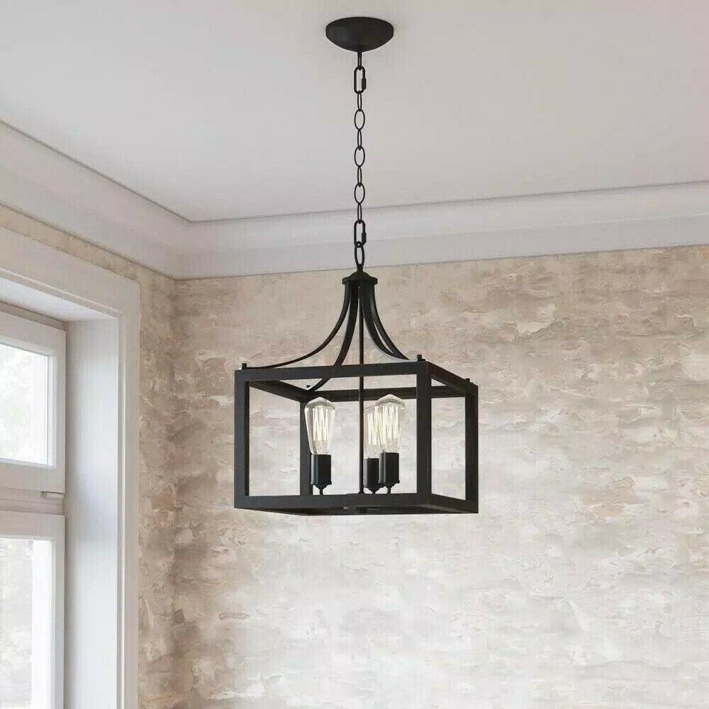 Hampton Bay 7948HBDBDI Boswell Quarter 14 in. 3-Light Distressed Black Farmhouse Square Pendant Chandelier