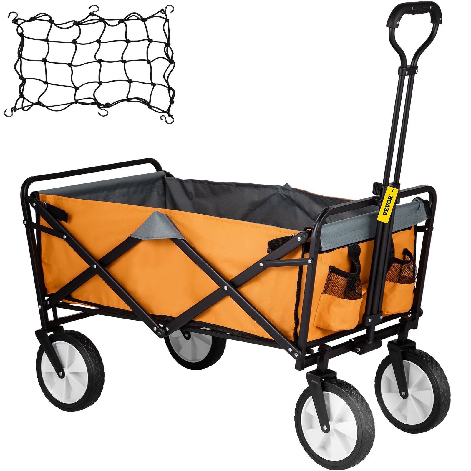 VEVORbrand Collapsible Wagon Cart .Folding Wagon Cart . 176 lbs Load Beach Wagon Oversized Wheels. Portable Folding Wagon Adjustable Handles for Beach. Garden. Sports. Camping. Orange & Gray