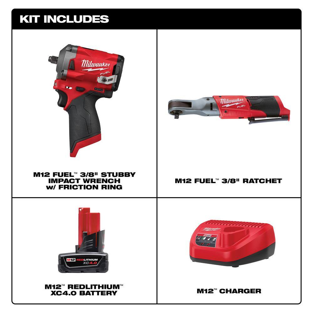 Milwaukee 2554-20-2557-20-48-59-2440 M12 FUEL 12V Lithium-Ion Brushless Cordless Stubby 3/8 in. Impact Wrench & 3/8 in. Ratchet Kit w/Battery & Charger