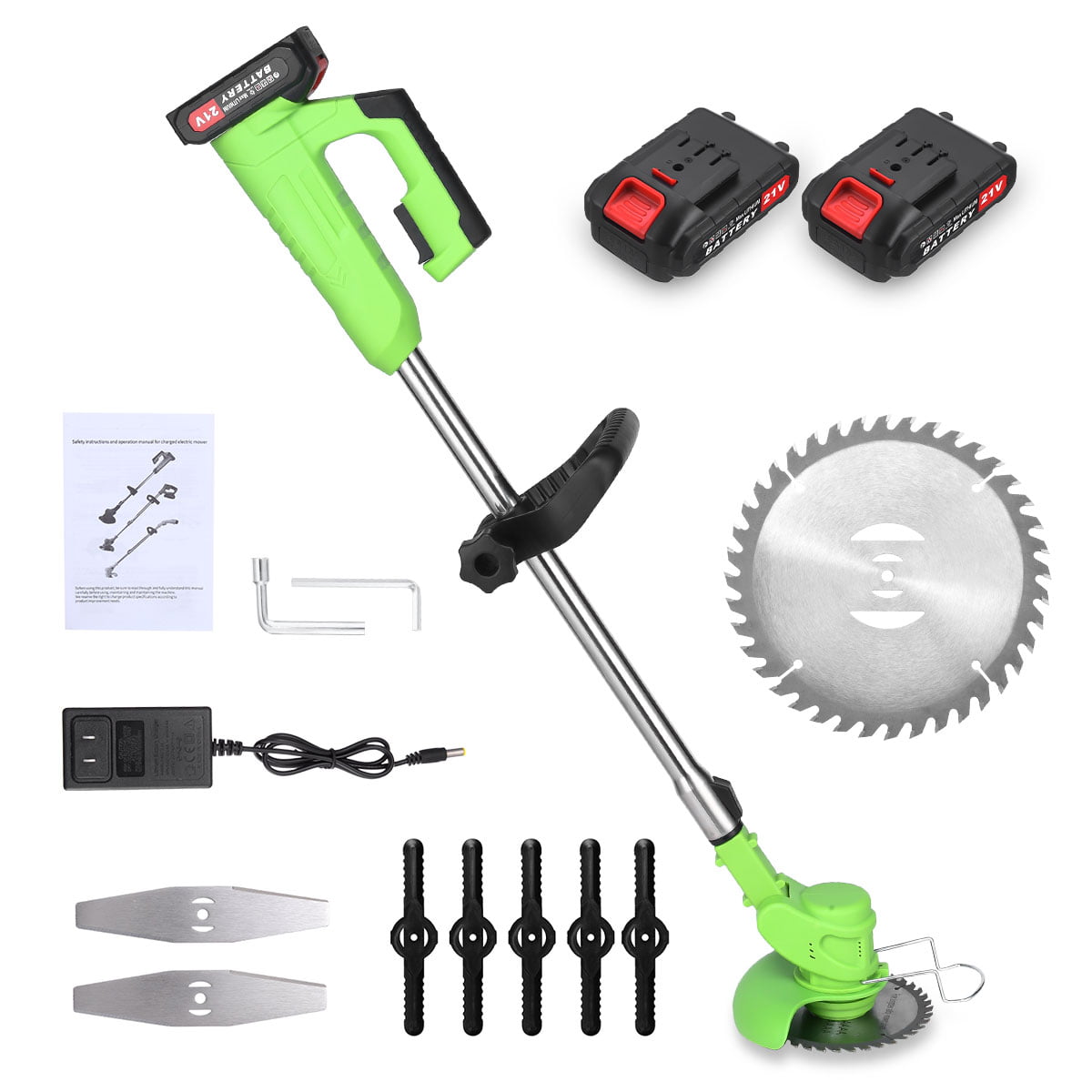 Cordless Grass String Trimmer 21V Electric Weed Enter Lawn Mower Cutter with 2 Batteries for Garden Yard