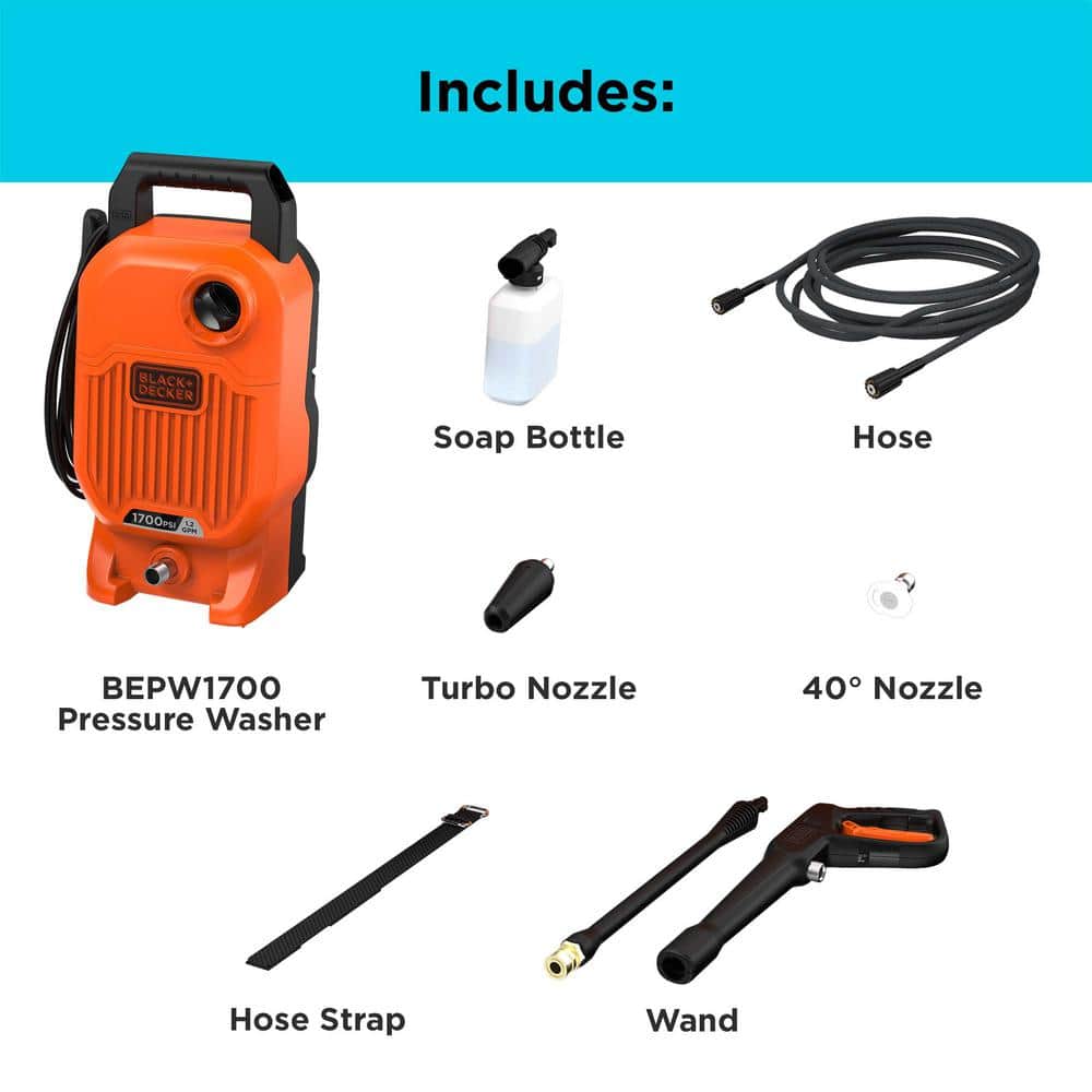 BLACK+DECKER BEPW1700 1700 PSI 1.2 GPM Cold Water Electric Pressure Washer with Integrated Wand and Hose Storage