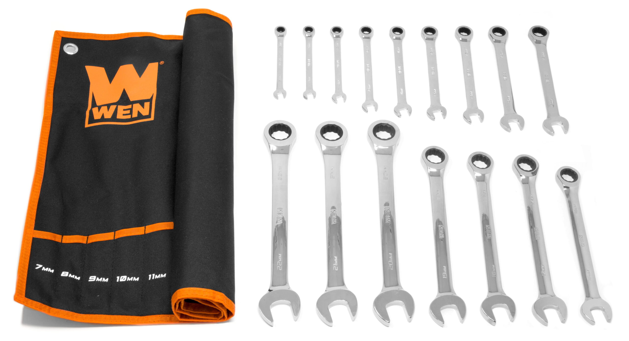 WEN 16-Piece Professional-Grade Ratcheting Metric Combination Wrench Set with Storage Pouch