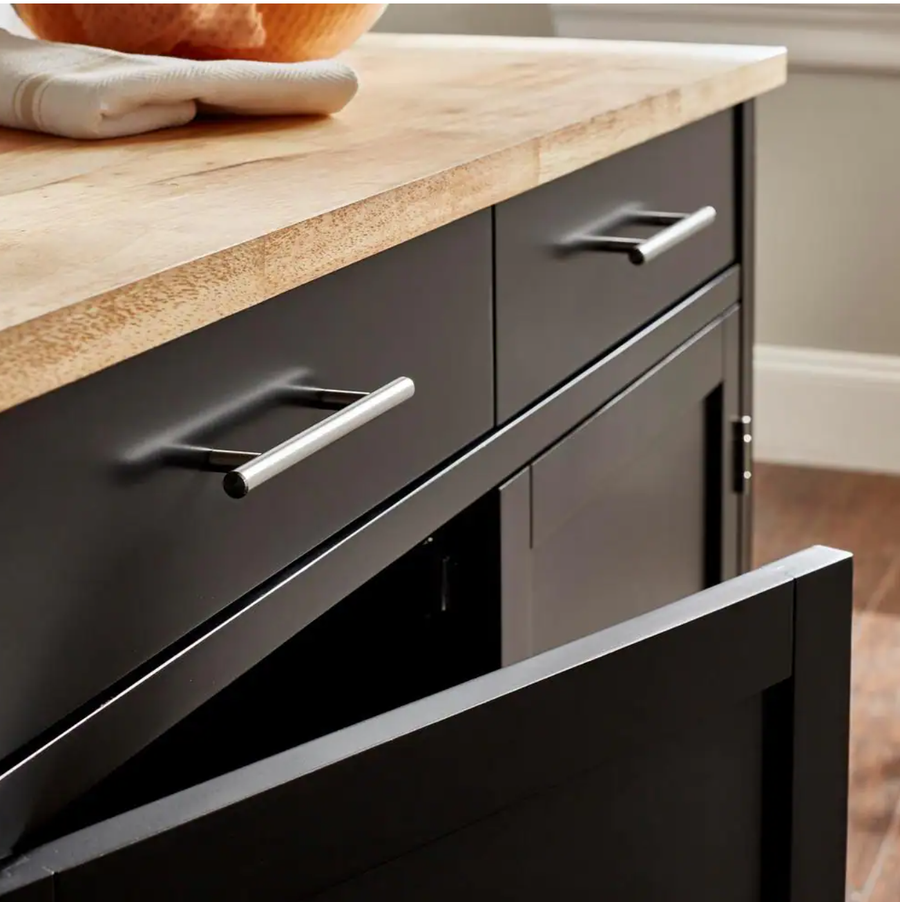 Glenville Black Double Drawer Kitchen Cart with Butcher Block Top and Locking Wheels (42″ W)