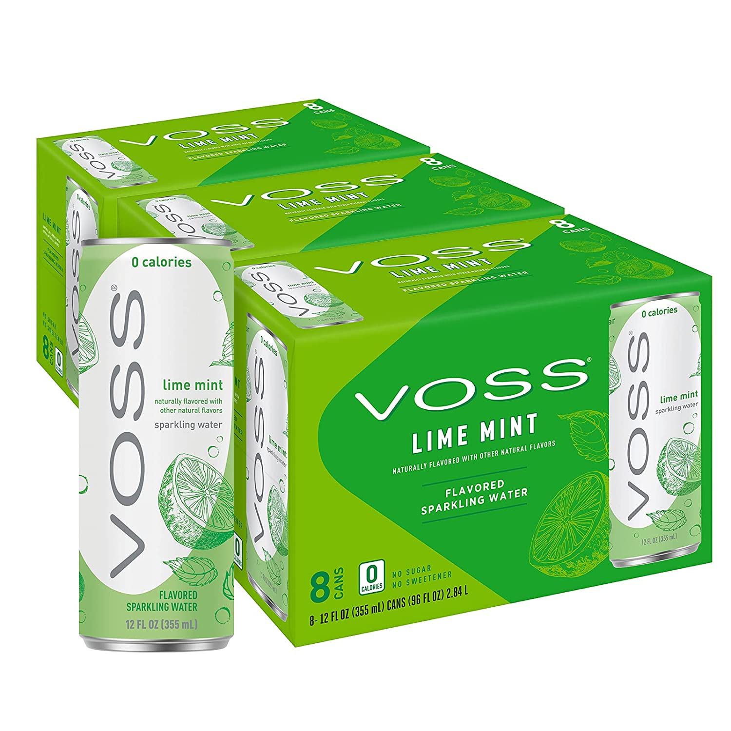 VOSS Lime Mint Flavored Sparkling Water. Zero Calories 355ml Cans (Pack of 24)