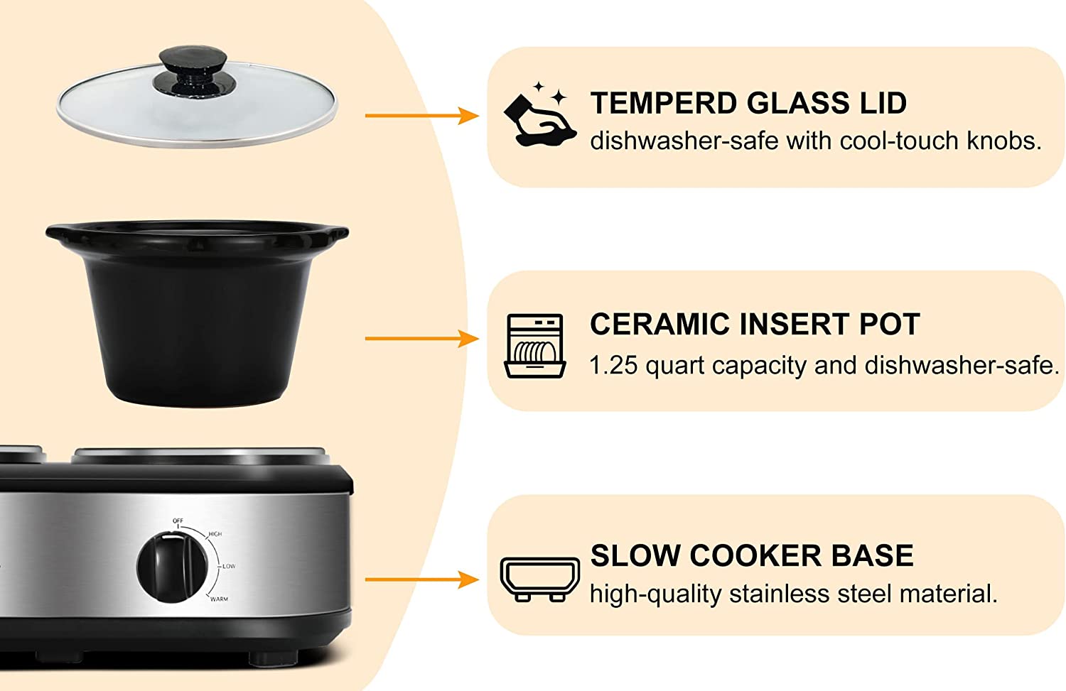 X WINDAZE Dual Slow Cooker. Buffet Servers and Warmers with 2 X 1.25Qt. Tempered glass lids and Lid Rests. 3 Adjustable Temp. Stainless Steel