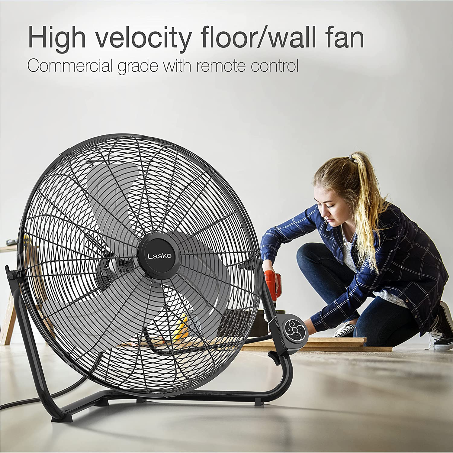 Lasko Metal Commercial Grade Electric Plug-In High Velocity Floor Fan with Wall Mount Option and Remote Control for Indoor Home. Bedroom. Garage. Basement. and Work Shop Use. Black H20660 Large