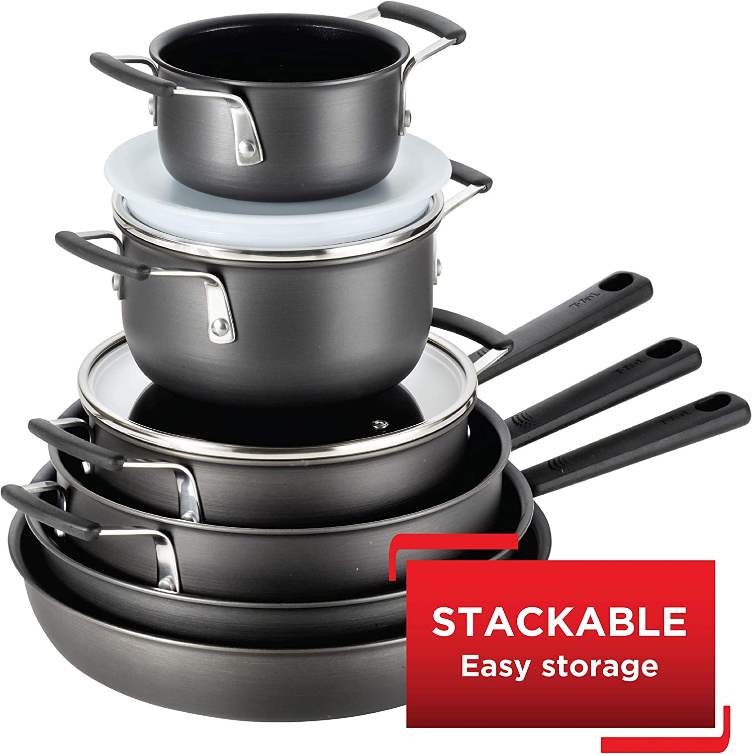 T-fal All-In-One Hard Anodized Dishwasher Safe Nonstick Cookware Set. 12-Piece. Black