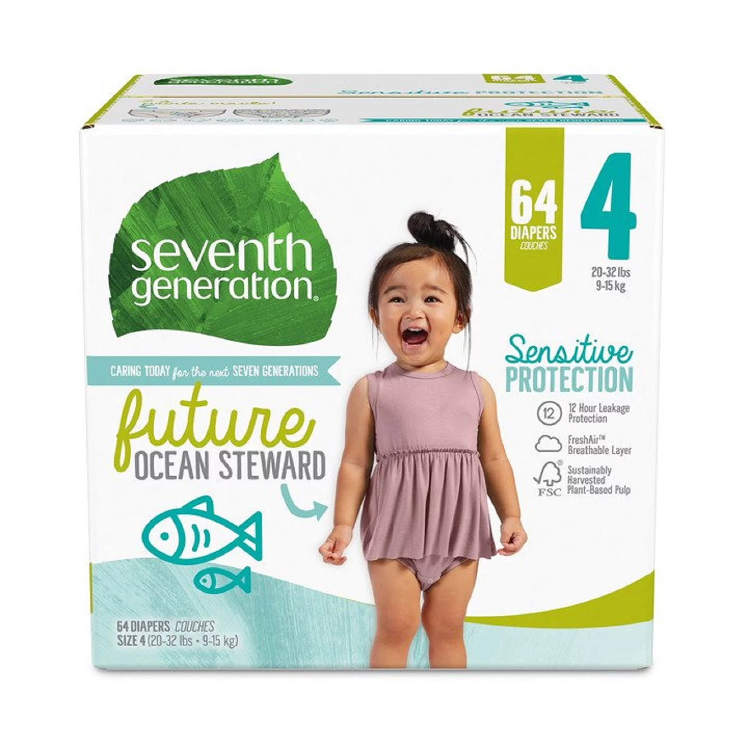 Seventh Generation Sensitive Protection Baby Diaper. Size 4 - 64 ct. (20 - 32 lbs.)