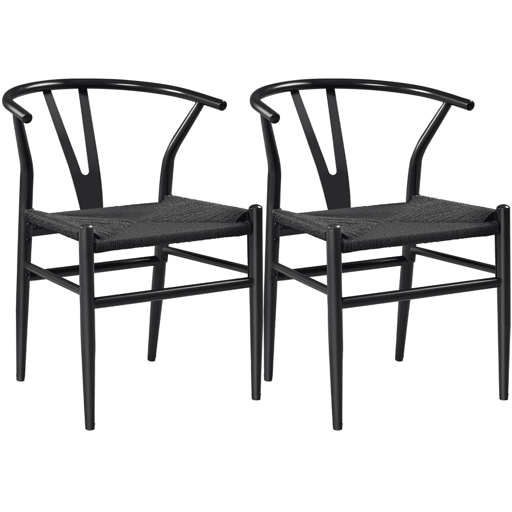 SMILE MART Mid-Century Metal Weave Dining Chair with Y-Shaped Backrest. 2PCS. Full Black