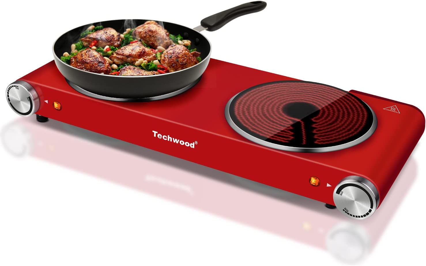 Techwood 1800W Electric Dual Hot Plate. Countertop Stove Double Burner for Cooking. Infrared Ceramic Hot Plates Double Cooktop. Red. Brushed Stainless Steel Easy To Clean Upgraded Version. Red