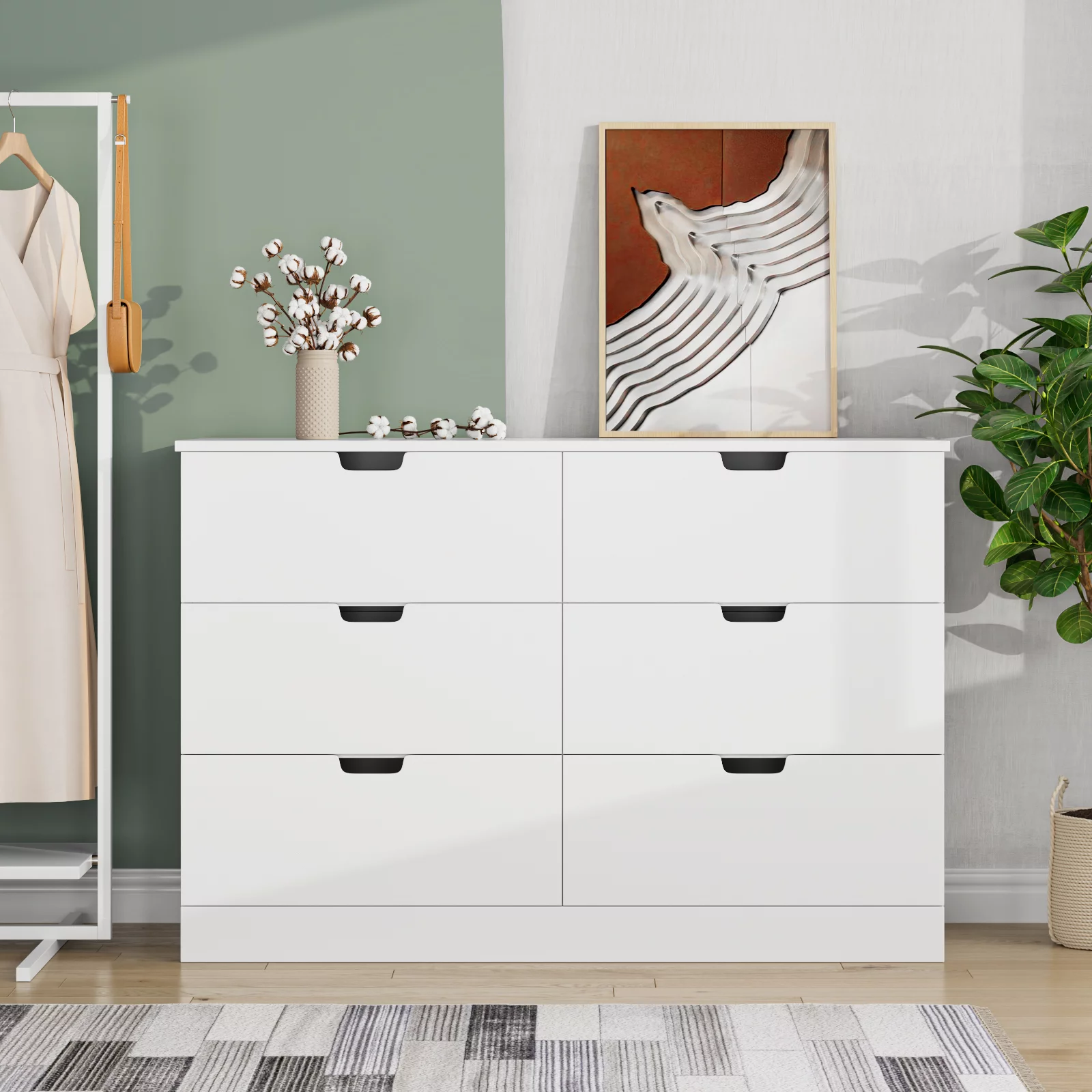 Homfa 6 Drawer Dresser for Bedroom. Modern White Chest. Wood Storage Cabinet for Living Room