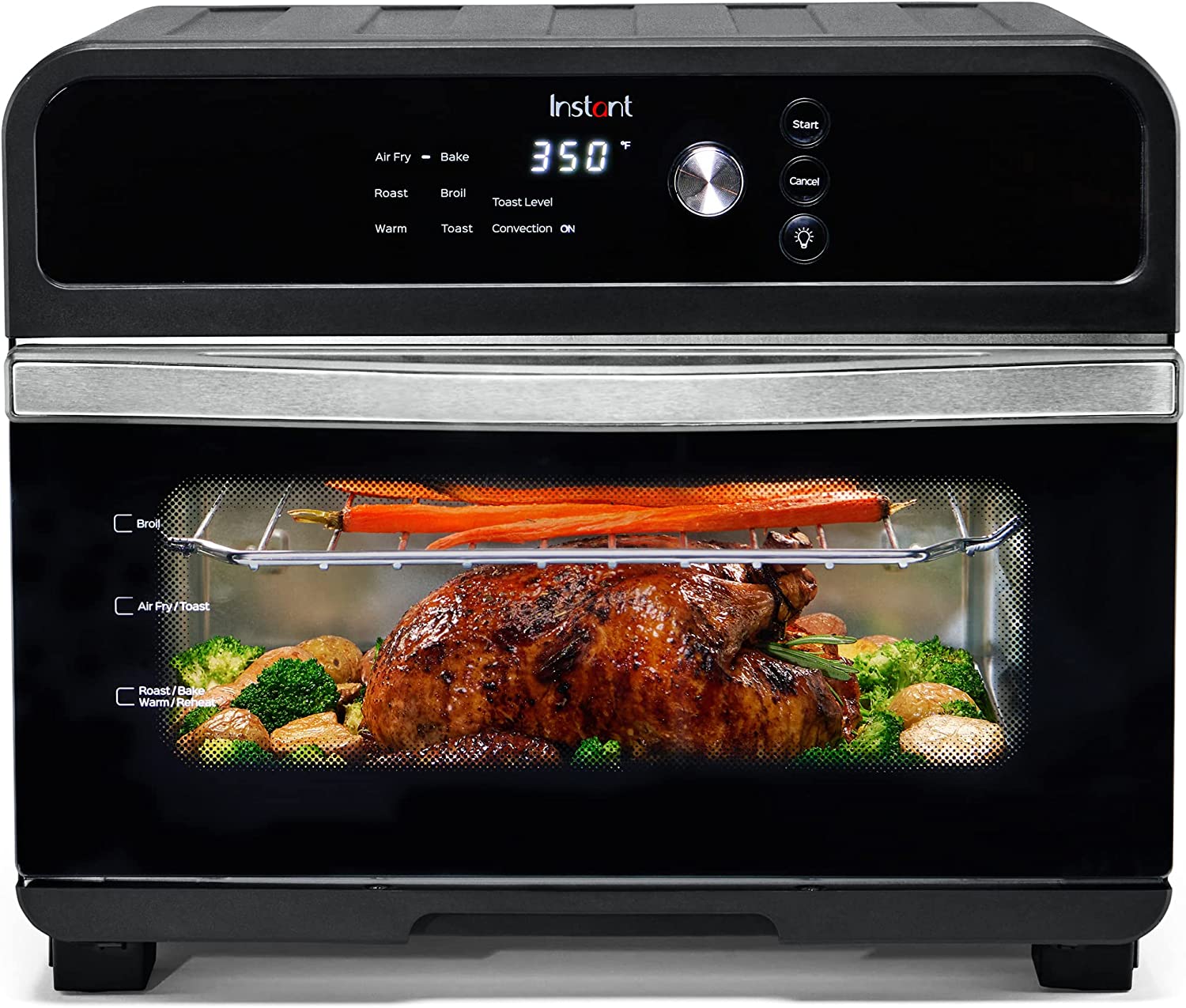 Instant Omni Air Fryer Toaster Oven Combo 19 QT/18L. From the Makers of Instant Pot. 7-in-1 Functions. Fits a 12″ Pizza Oven. 6 Slices of Bread. App with Over 100 Recipes. Black Finish