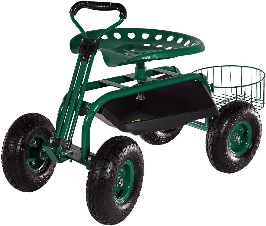 Sunnydaze Garden Cart Rolling Scooter with Extendable Steer Handle. Swivel Seat & Utility Tool Tray. Green