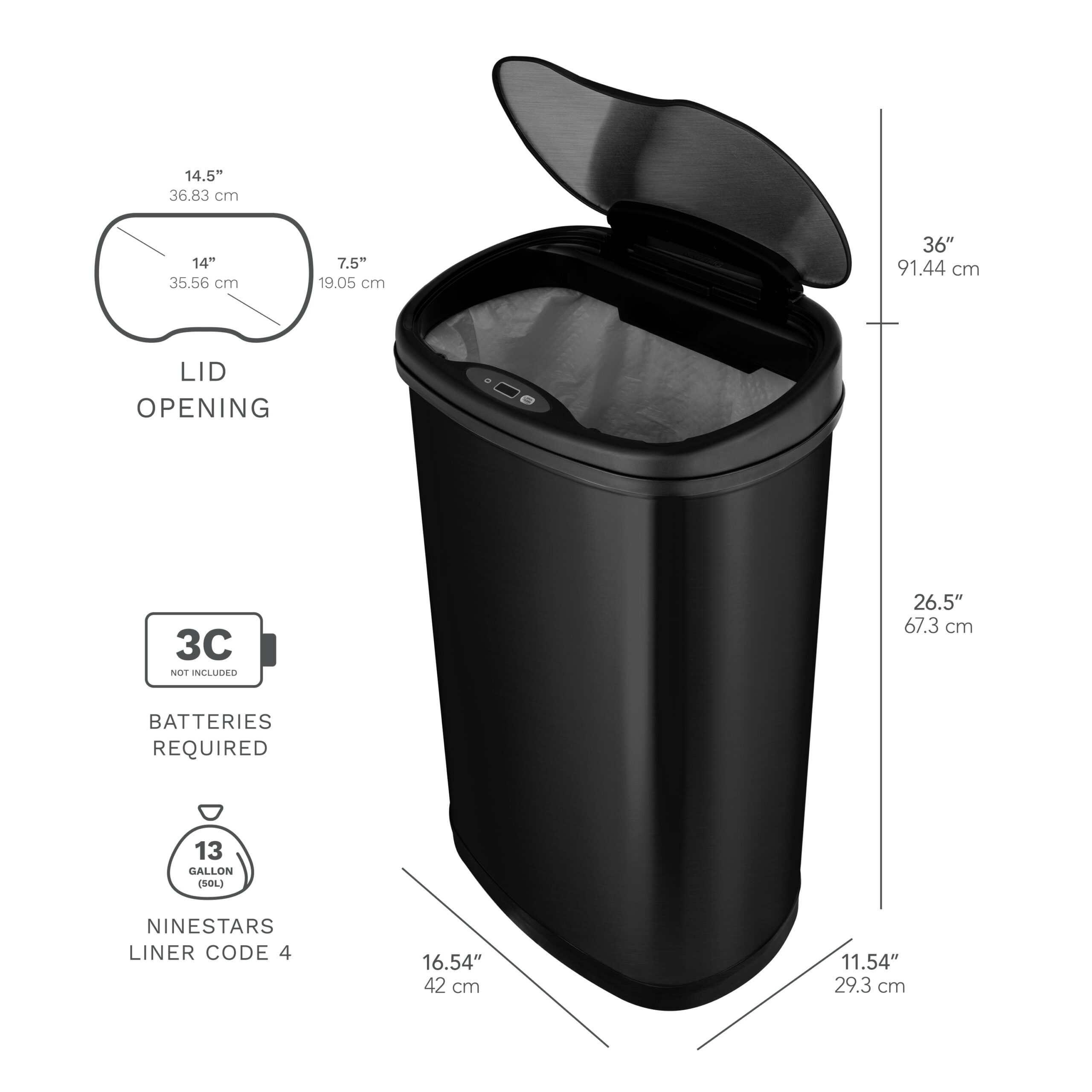 Nine Stars 13.2 Gallon Trash Can. Motion Sensor Kitchen Trash Can. Black Stainless Steel
