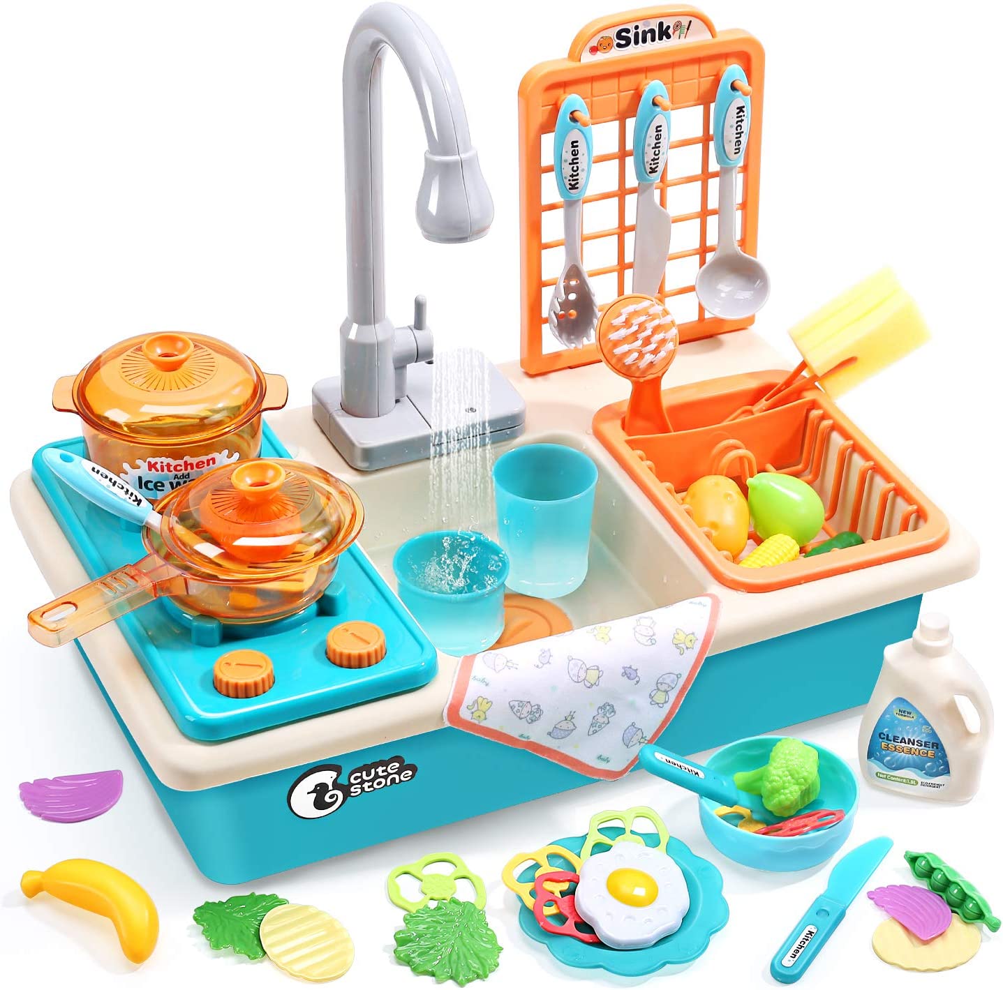 CUTE STONE Play Kitchen Sink Toys with Upgraded Real Faucet. Play Cooking Stove. Cookware Pot and Pan.Play Food. Color Changing Dishes Accessories for Boys Girls Toddlers