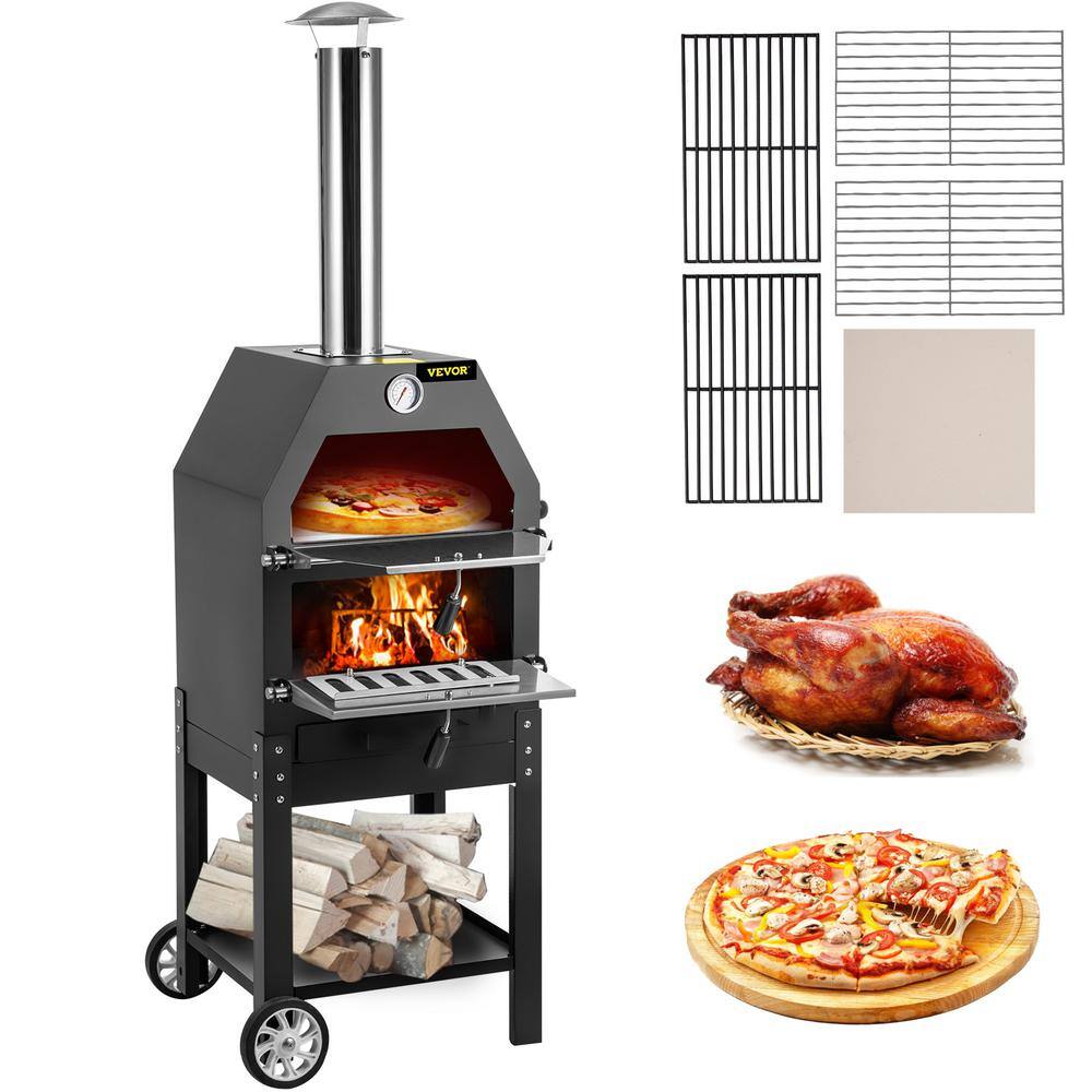 VEVOR LDSPSLLZXBDDWRLHEV0 Pizza Oven 12 in. Removable Wheels 2-Layer Charcoal Burning Outdoor Pizza Oven with Pizza Stone for Barbecue in Black