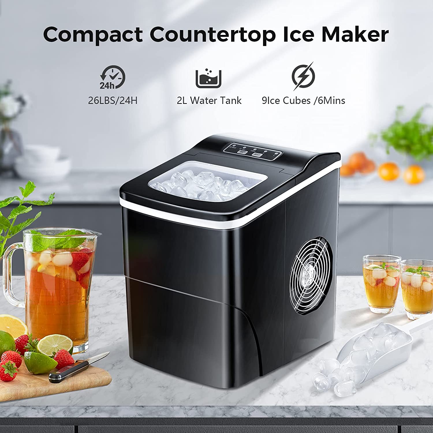AGLUCKY Countertop Ice Maker Machine. Portable Ice Makers Countertop. Make 26 lbs ice in 24 hrs.Ice Cube Ready in 6-8 Mins with Ice Scoop and Basket (Black)