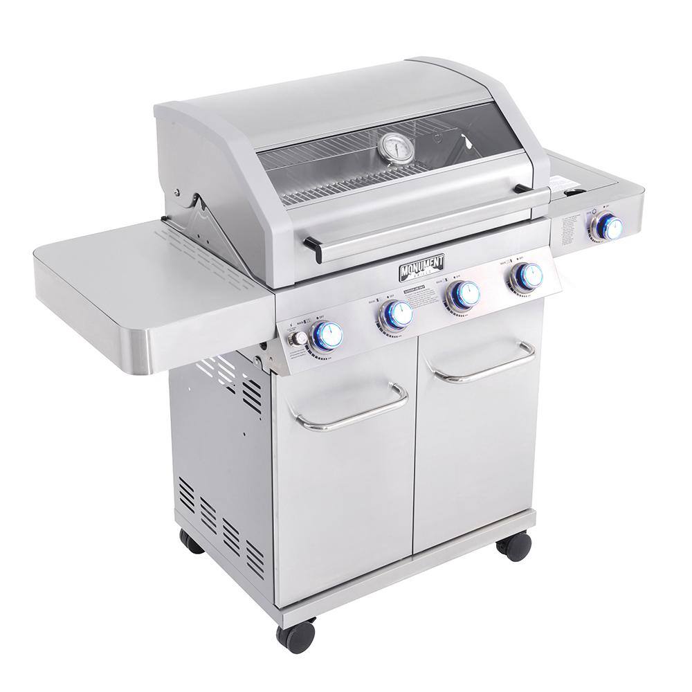 Monument Grills 41847NG 4-Burner Propane Gas Grill in Stainless with Clear View Lid. LED Controls and Side Burner