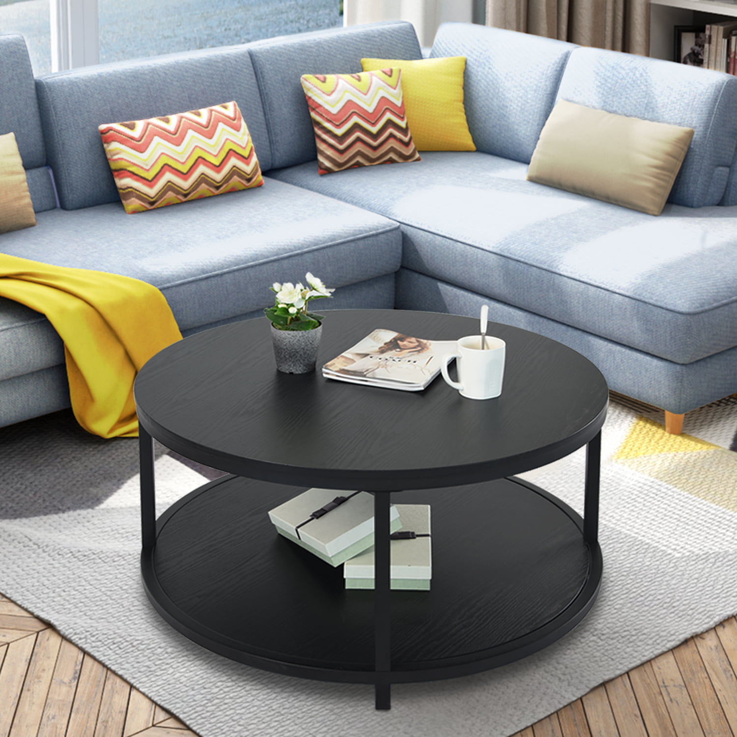 S.Fyronti Morden Round Coffee Tables for Living Room. Wooden Top and Metal Shelf.Grey Brown/Brown/Black