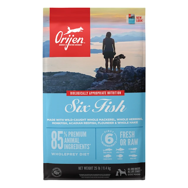 ORIJEN Six Fish Grain Free & Poultry Free High Protein Fresh & Raw Animal Ingredients Dry Dog Food. 13 lbs – 25 lbs.