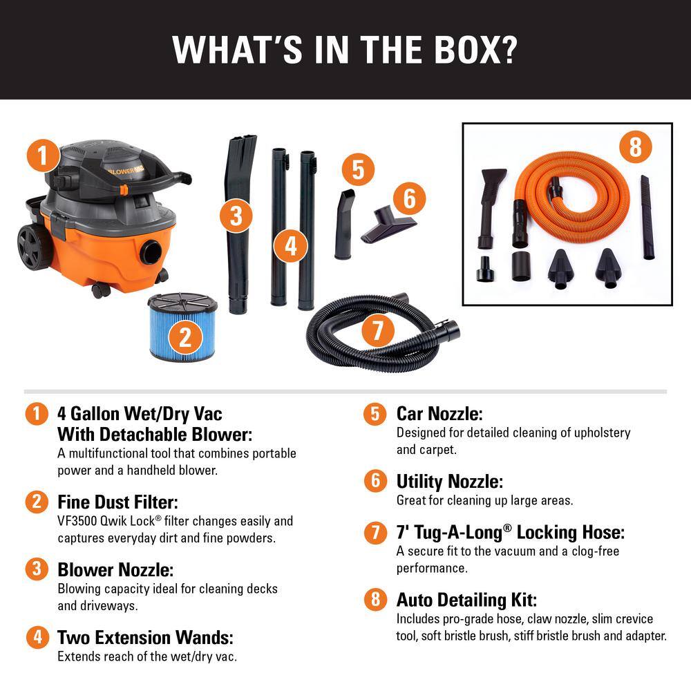 RIDGID  4 Gal. 6.0 Peak HP Wet/Dry Shop Vacuum with Detachable Blower. Fine Dust Filter. Hose. Accessories and Car Cleaning Kit