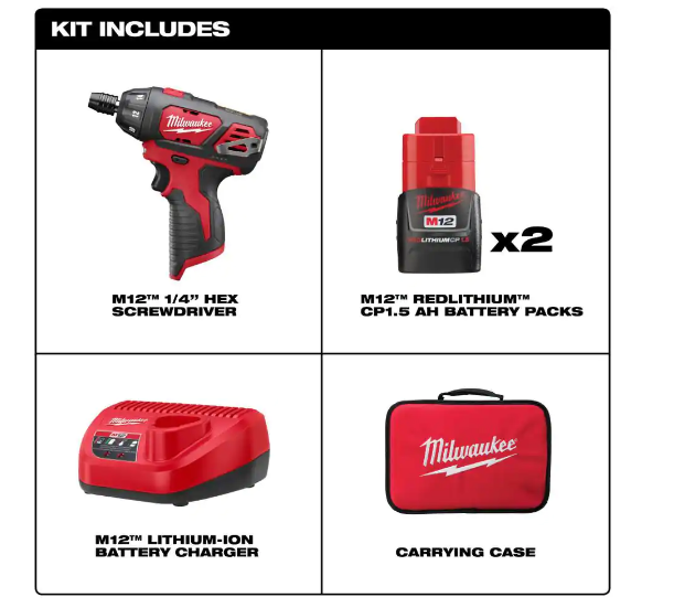Milwaukee 2401-22 M12 12V Lithium-Ion Cordless 1/4 in. Hex Screwdriver Kit with Two 1.5Ah Batteries. Charger and Tool Bag