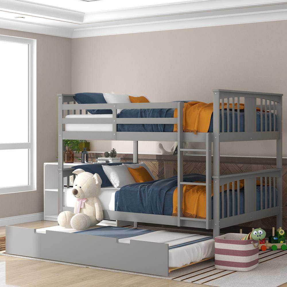 Harper & Bright Designs  Gray Full Wood Bunk Bed with Twin Size Trundle and Ladder