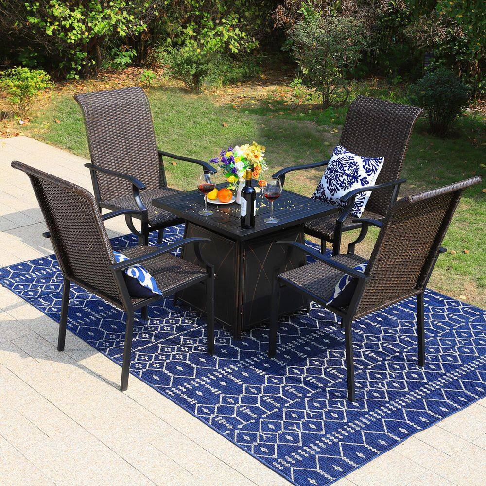 PHI VILLA  5-Piece Rattan Patio Fire Pit Set. 4 Chairs with Wave Armrest High in Back