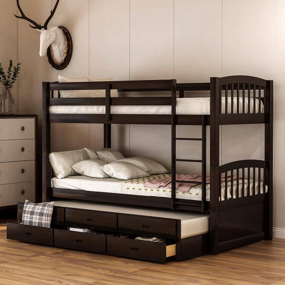 Harper & Bright Designs  Espresso Chamblee Twin over Twin Bunk Bed with Trundle and Drawers