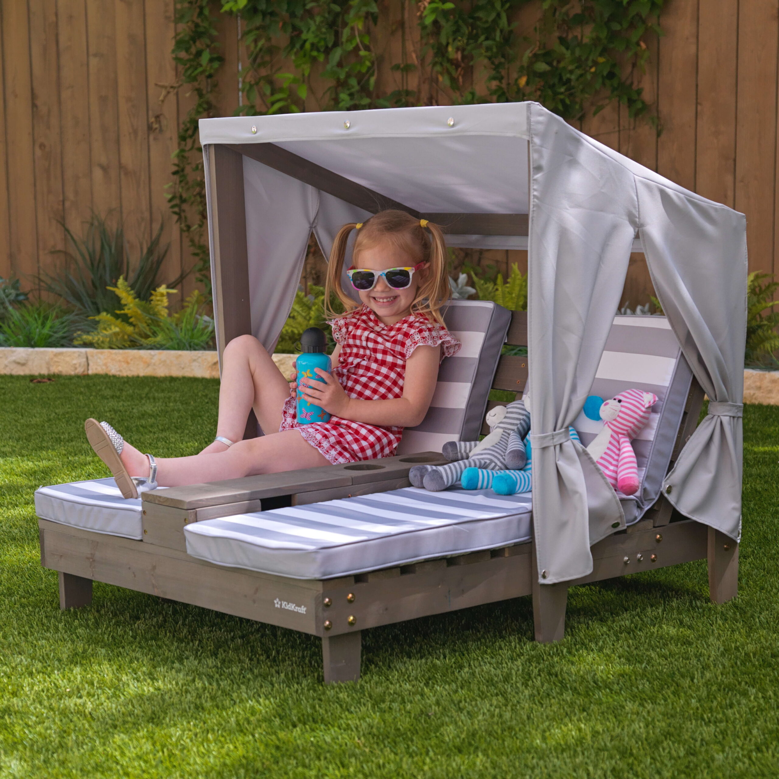KidKraft Wooden Outdoor Double Chaise Lounge with Cup Holders. Kid-s Furniture. Gray