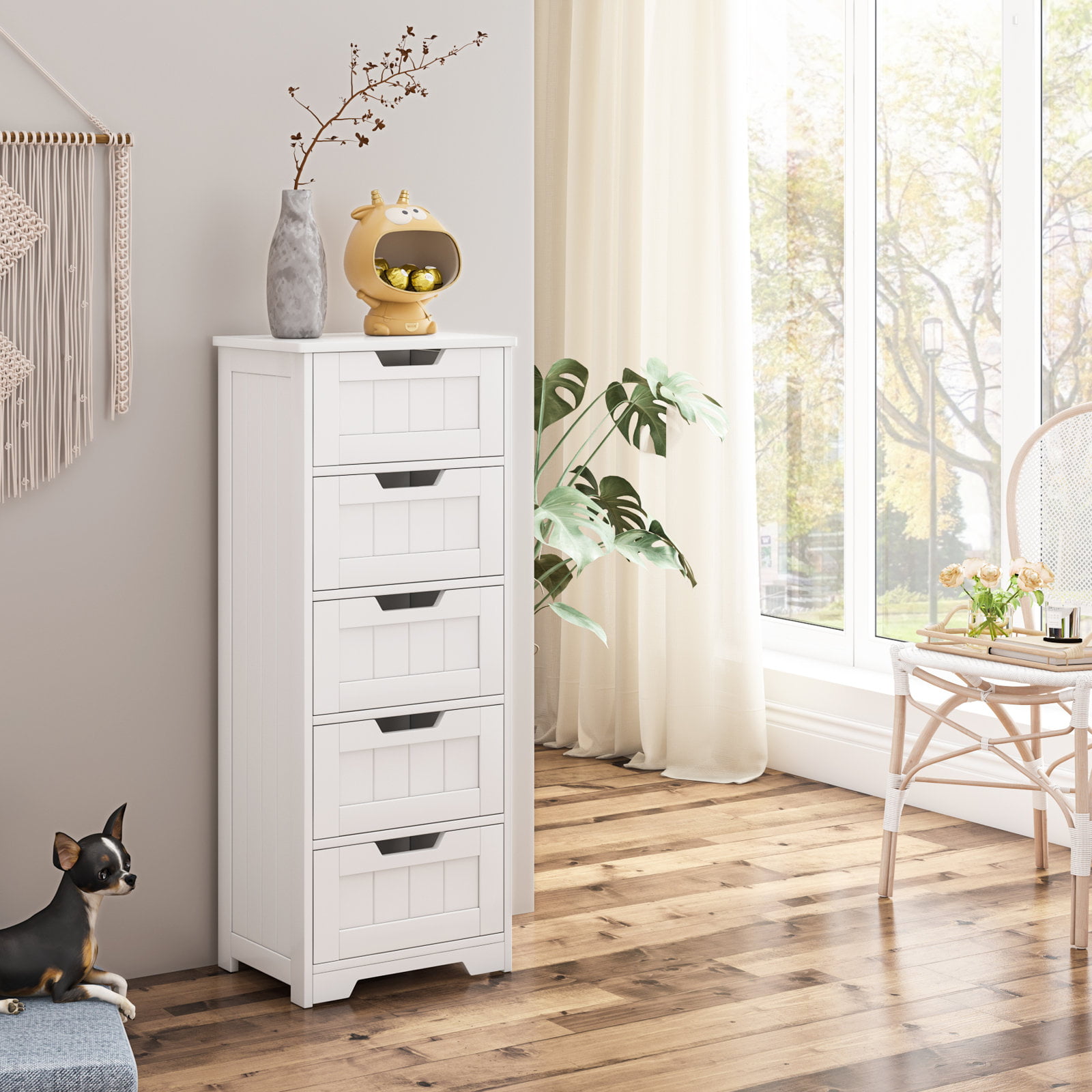 Homfa 5-Drawer Dresser for Bedroom. Wooden Bathroom Linen Cabinet. White Finish