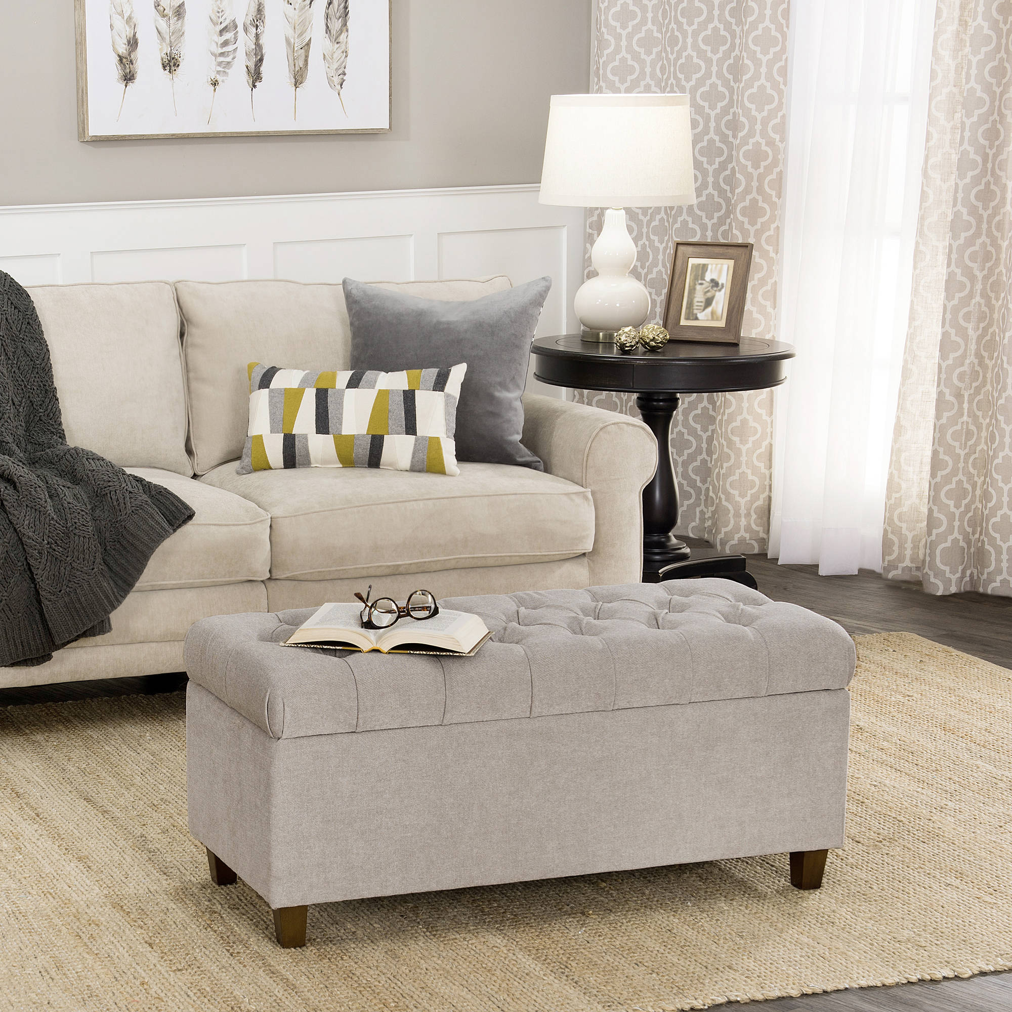 Fabric Upholstered Button Tufted Wooden Bench With Hinged Storage. Gray and Brown- Saltoro Sherpi