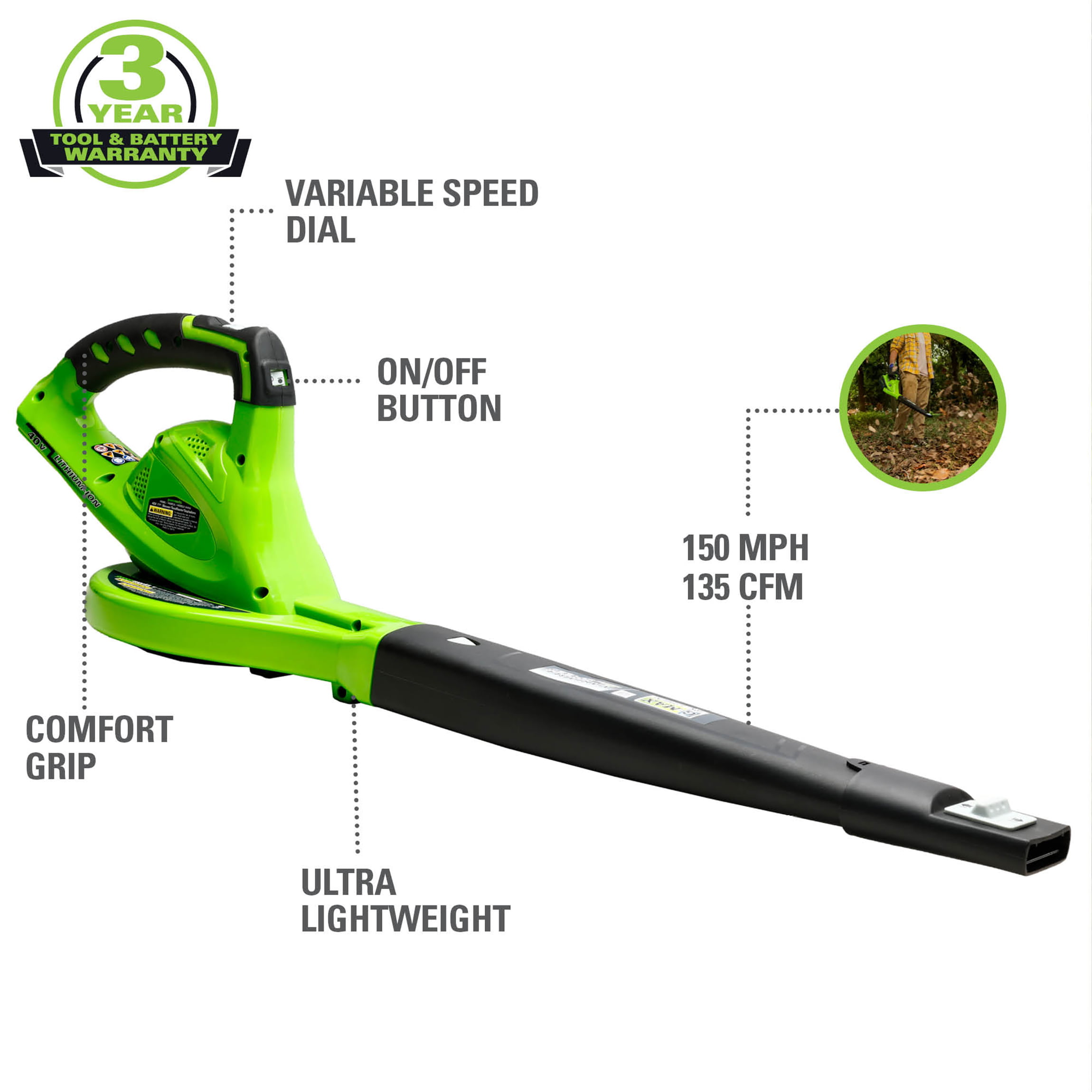 Greenworks 40V 135 CFM Cordless Leaf Blower/Sweeper. Battery Not Included. 24282