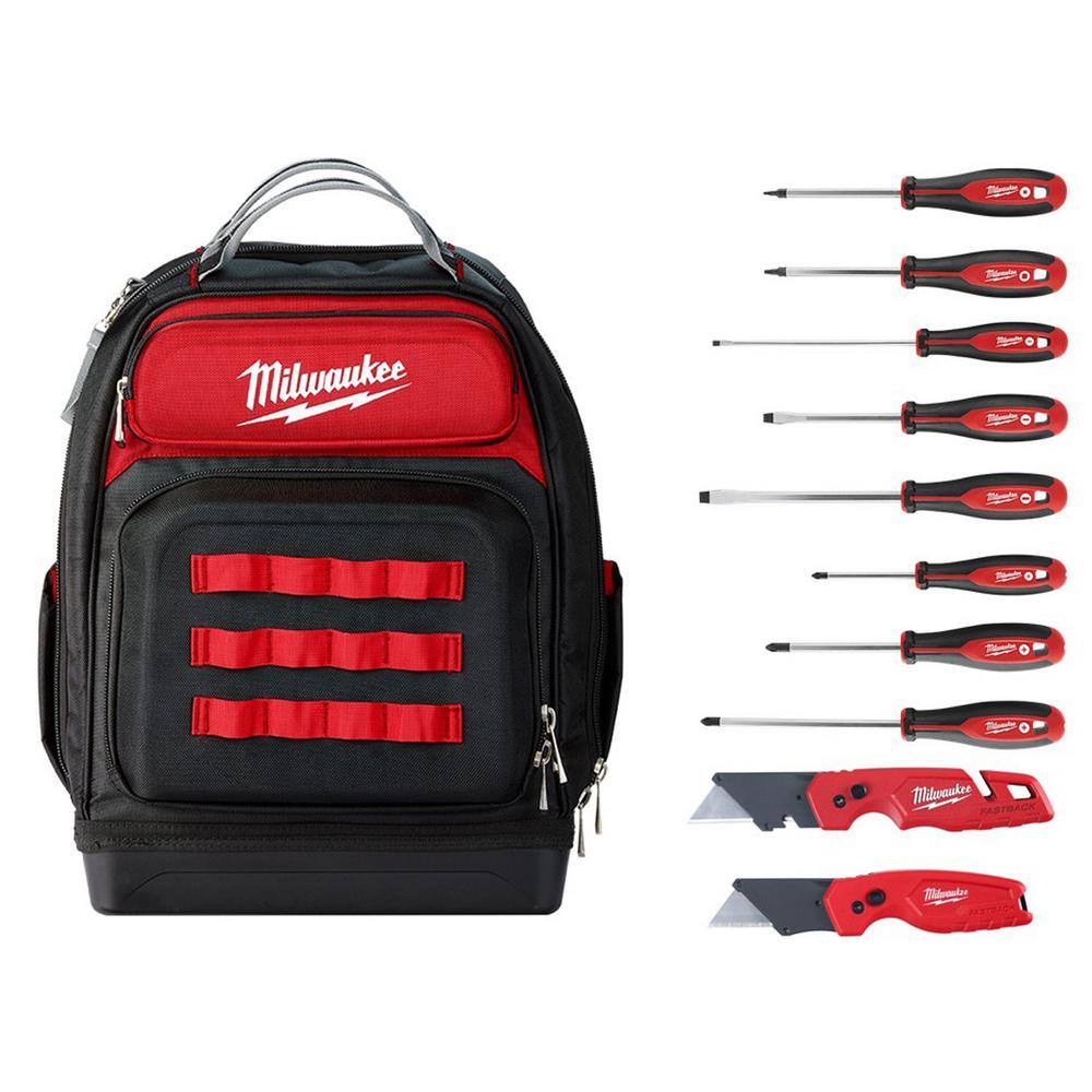 Milwaukee 48-22-8201-48-22-1503-48-22-2718 15 in. Ultimate Jobsite Backpack with Screwdriver Set and FASTBACK Utility Knifes (10-Piece)