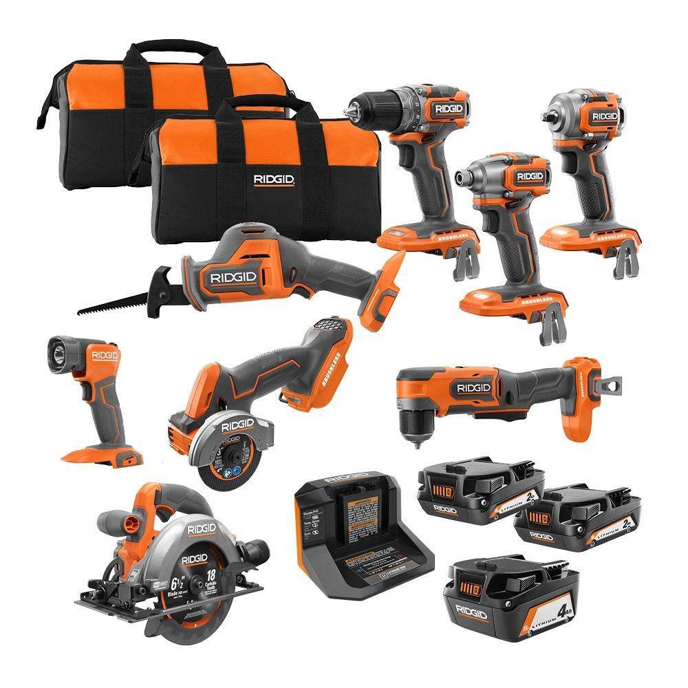 RIDGID R96262N 18V SubCompact Brushless Cordless 8-Tool Combo Kit with (2) 2.0 Ah Batteries. 4.0 Ah Battery. Charger. and Bag
